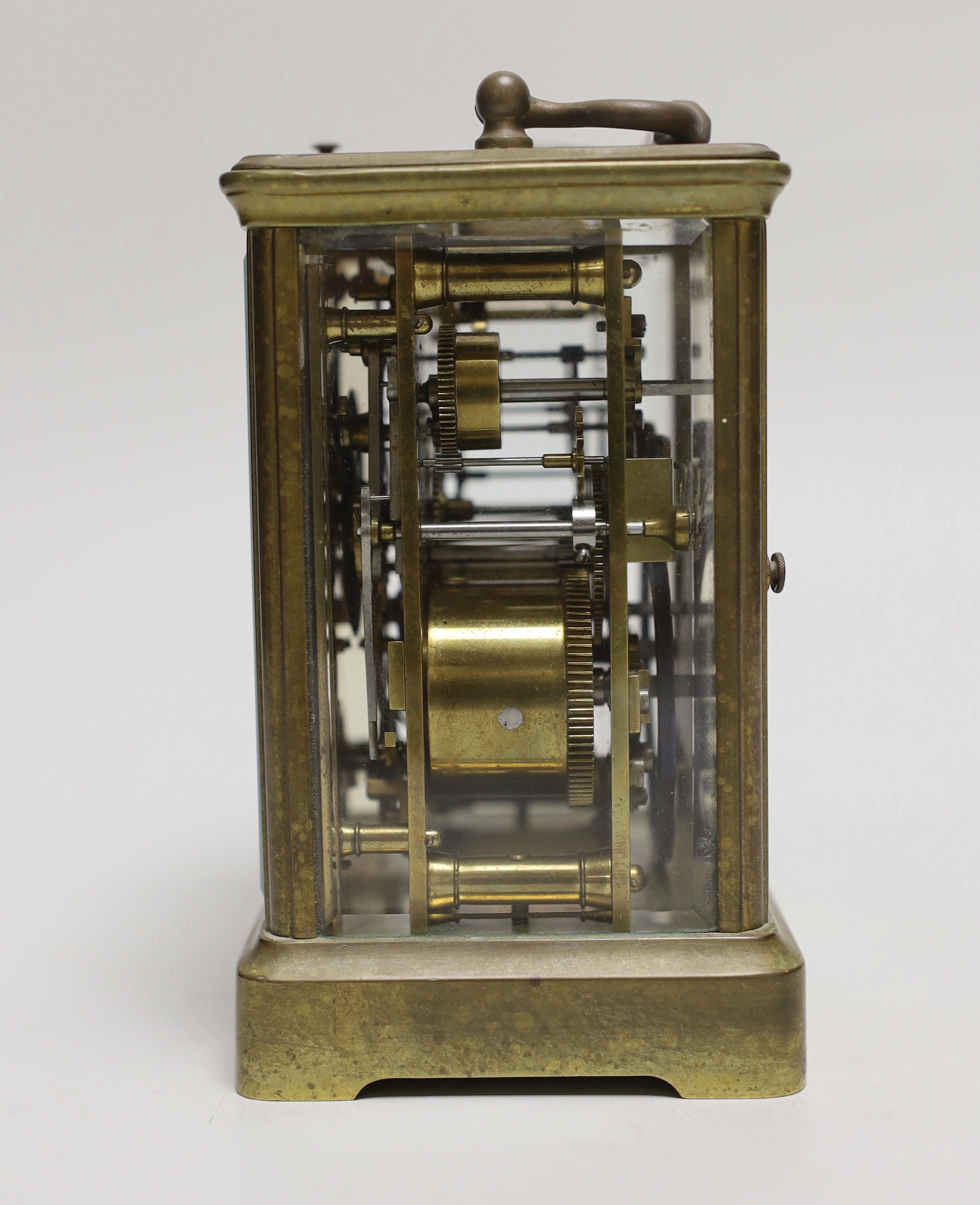 A repeating carriage clock with alarm dial, movement signed for Charles Vincenti, with retailer John Walker, 230 Regent Street London to enamel face, 13.5cm high